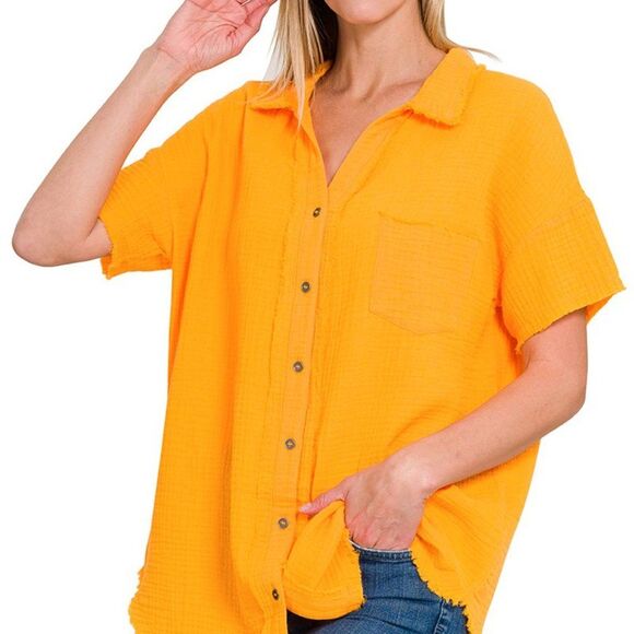 ZENANA Gauze Cotton Front Buttons Large Raw Edge Short Sleeve Mustard Shirt Top - Picture 3 of 9
